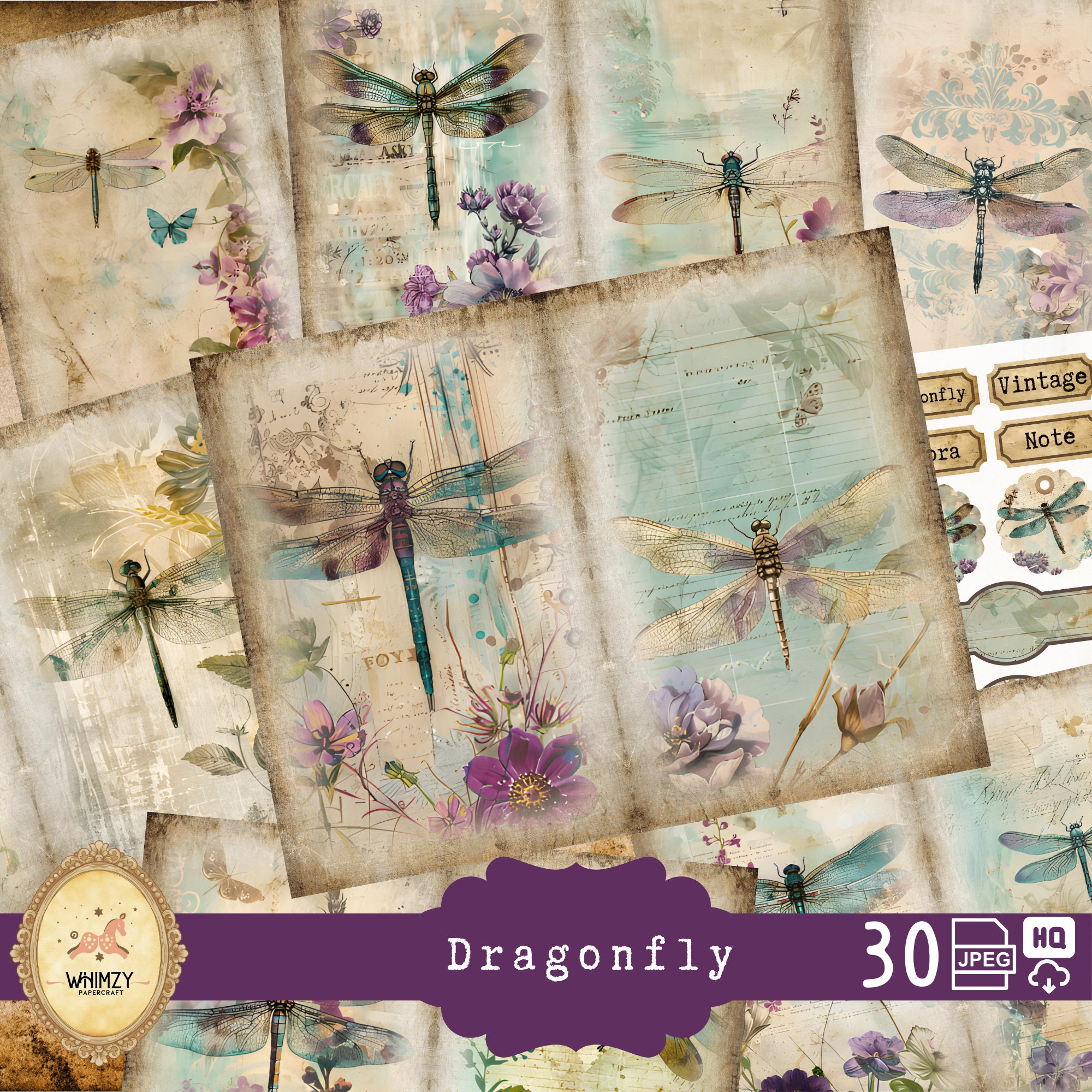 Dragonfly Junk Journal Kit, Vintage Dragonflies Digital Papers ...