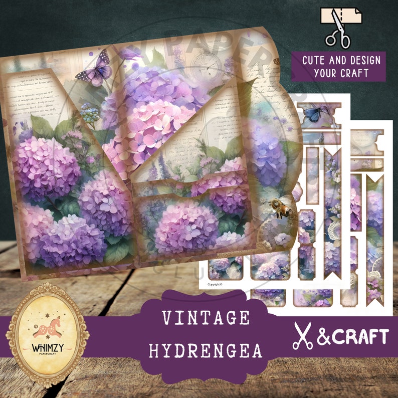 Hydrangea Trifold Folio Junk Journal Kit, Vintage Floral Folding ...