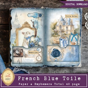 Kit diario di viaggio vintage blu, diario di viaggio in stile francese, diario di viaggio in stile francese, diario di viaggio in stile francese, diario di viaggio in stile francese, album di ritagli Toiles De Jouy