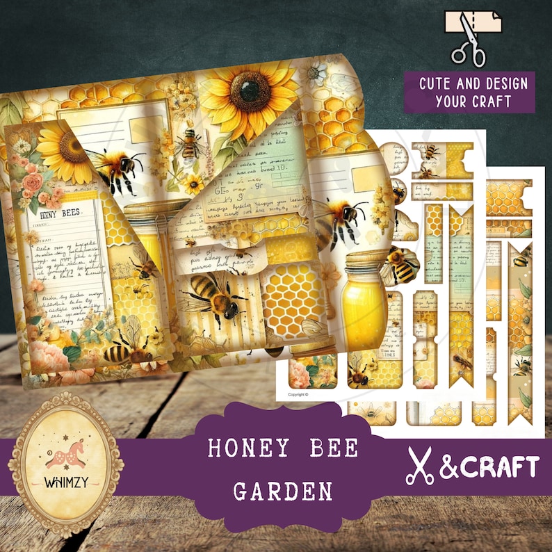May include: A digital paper pack with a honey bee and sunflower theme. The pack includes images of honeycombs, jars of honey, bees, and sunflowers. The text "Honey Bees" and "Cute and Design Your Craft" are included in the image.