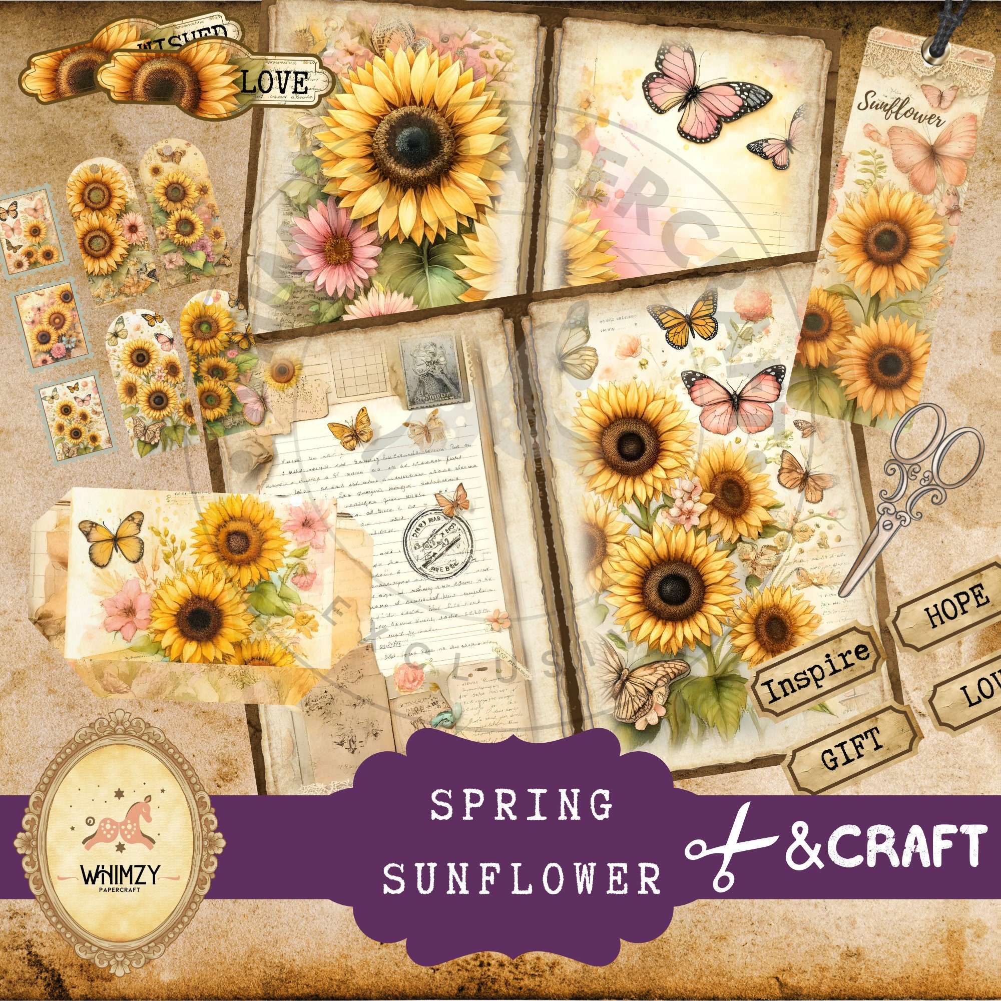 Sunflowers Watercolor Junk Journal Kit, Vintage Sunflower Ephemera ...