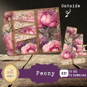 Kit de mini-journal indésirable à trois volets pivoines, pivoine vintage, kit de mini-journal indésirable à faire soi-même