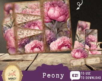 Peony driebladige folio-junkdagboekkit | Vintage minifolio met bloemen en kortstondige