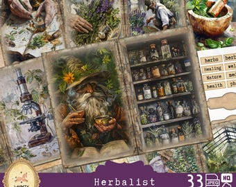 Herbalist Junk Journal Kit: Viktoriansk apoteks-ephemera Botanisk ephemera