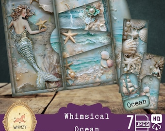 May include: Whimsical Ocean digital collage sheet with 7 JPG images featuring a mermaid, seashells, starfish, pearls, and ocean waves. The collage sheet is ideal for scrapbooking, card making, and other paper crafts.