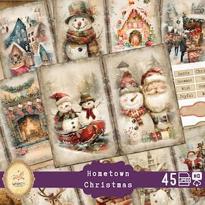 Kit de carnet de voyage de Noël, ville natale Noël vintage à imprimer, bonhomme de neige, cadeau de Noël, vacances d'hiver, cadeau de Noël, pages d'hiver douillettes
