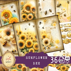 Zestaw dziennika słoneczników Bee Junk (do druku strony JPG z ulotkami, tagiem) Vintage Sunflower Holiday Vacation Memory Bee Flower Digital Paper