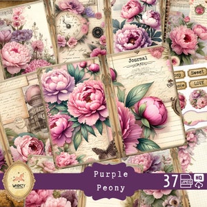 Diario di peonie vintage, stampabile, con fiori da giardino, carta per peonie, peonie arrossate, eleganti petali in fiore, flora in fiore, regalo di fiori antichi