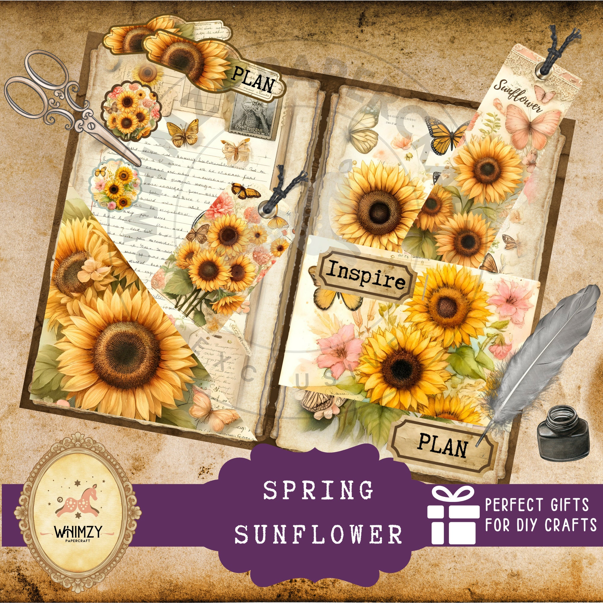 Sunflowers Watercolor Junk Journal Kit, Vintage Sunflower Ephemera ...