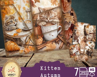 Op de afbeelding: Een digitale collage van zeven afbeeldingen met kittens in herfstachtige omgevingen. De afbeeldingen tonen kittens die uit een mok drinken, aan een tafel zitten met een croissant en in bladeren spelen. De afbeeldingen zijn in een warme kleurenpalet met tinten bruin, oranje en geel.