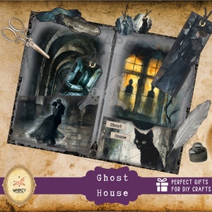 digital download, printable papers, PDF files, JPG files, haunted house illustrations, ghost ephemera, spooky Halloween designs, gothic junk journal kit, DIY folio templates, horror scrapbooking papers, creepy junk journal inserts, haunted printable ephemera, instant download