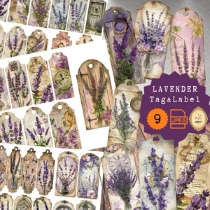 Etiquettes lavande, Décorations aquarelle pour carnets, Créations en papier à imprimer, Fleurs violettes, Étiquettes florales, Collage numérique en feuilles éphémères