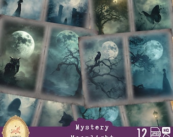Effimere di Halloween al chiaro di luna, diario vintage con oggetti riciclati e etichette per album di ritagli celestiali