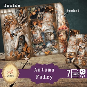 Kit diario di autunno a tre ante Folio Junkjournal Kit diario di mini Folio Junk Journal fai da te Fata della foresta Kit di cartelle di piegatura digitale autunnale Inserto tascabile