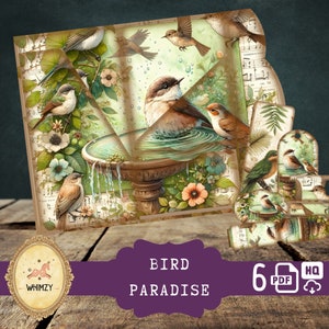 Kit de diário de lixo de fólio triplo de pássaro Kit de diário de lixo de mini fólio faça você mesmo de pássaro vintage Kit de pasta de fólio dobrável digital Inserção de bolso Bird Ephemera