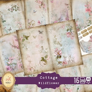 Wildblumen Junk Journal Kit, Cottage Garten, Cottage druckbare Blumenseiten, Ephemera, shabby Blume, beunruhigtes Papier, Scrapbook