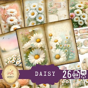 Daisy Junk Journal Kit para impressão de etiquetas efêmeras Marcador de verão Floral Flor Papel digital Download digital Lazy Daisy Junk Journal Kit