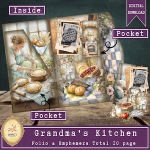 Kit de journal à trois volets pour cuisine, vintage, grand-mère, mini-carré à trois volets, kit de pochette pliante numérique, pochette de rangement éphémères