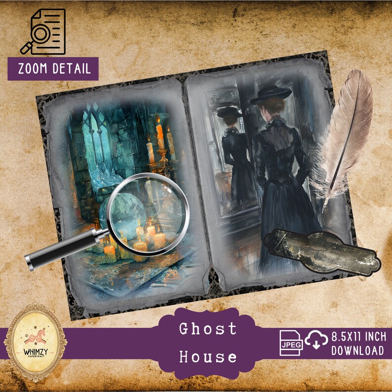 Pu&ograve; includere: Un'illustrazione digitale di una casa spettrale, oscura e misteriosa con una donna in un abito nero in piedi davanti a uno specchio. L'immagine &egrave; incorniciata con un bordo vintage e usurato e include il testo "Ghost House" e "Download 8,5x11 pollici".