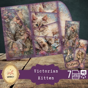 Kitties trifold folio junkjournal kit vintage diy gato mini folio lixo diário kit digital dobrável folio pasta kit inserção de bolso coisas efêmeras