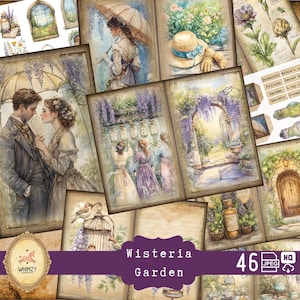 Botanischer Garten Junk Journal Glyzinien Printable Kit Natürlicher Frühling Papierkunst Viktorianischer Garten Vintage Blume Shabby Lavendel Ephemera Tag