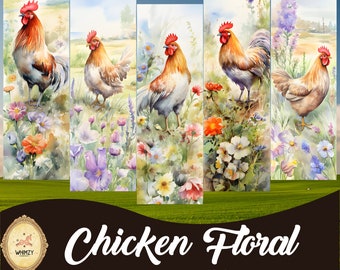Marcapáginas imprimibles con diseño floral de pollo: Diseños de jardín primaveral (Descarga digital)