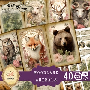 Woodland Junkjournal Forester afdrukbare dieren boswachter papier vintage natuur wilde bos vintage wildernis oude boswachter begaafde babydieren