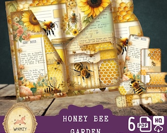 Honey Bee Trifold Folio Junkjournal Kit Vintage DIY Mini Folio Junk Journal Kit Digital Folding Folio Folder Kit Pocket Insert Ephemera Pack