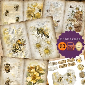 Bumberbee Junk Journal Shabby Bee Junk Journal Kit Vinatge imker Journal Queen Bee afdrukbare natuur papieren bijenkorven kortstondige oude bloem
