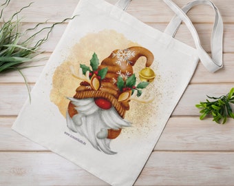 Witzige Baumwolltasche mit Gnome, Weihnachtliche Jutetasche, Lustiger Baumwollbeutel, bedruckte Tasche mit Wichtel Motiv Weihnachten