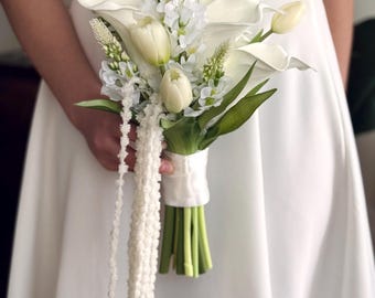 White Calla Lily Tulip Amaranthus Bridal Bouquet, Real Touch Artificial Wedding Flowers
