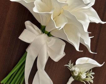 White Artificial Calla Lily Bouquet with Boutonniere: Handmade Wedding Flower Set