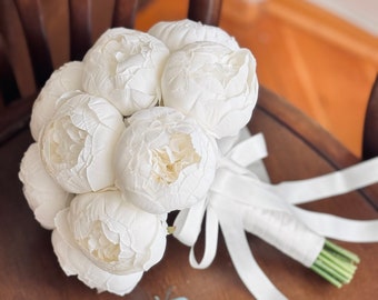 White  Artificial Peonies Bridal Bouquet and Boutonniere Set