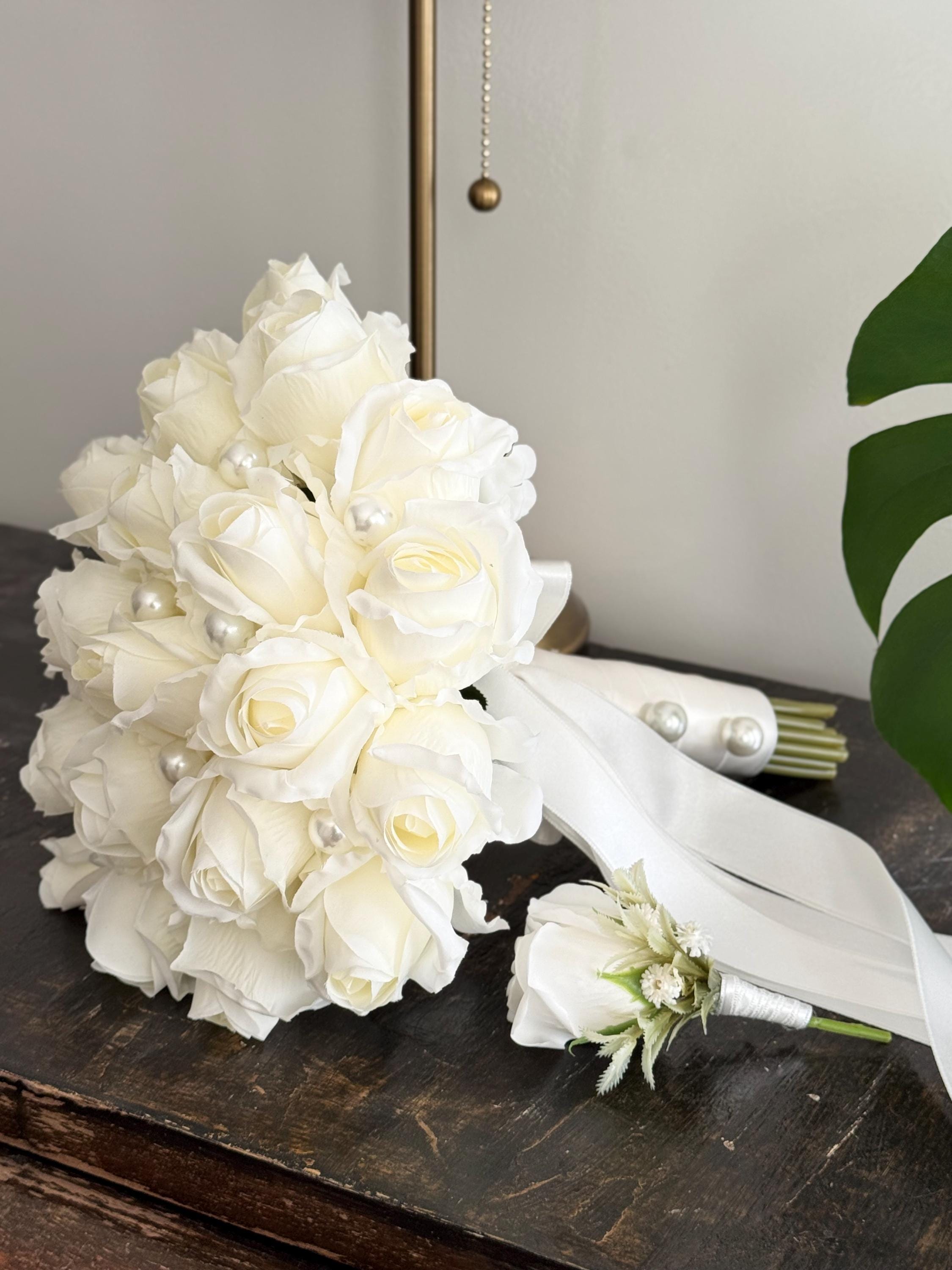 Handmade White Rose Bridal Bouquet with Pearl Boutonniere Set