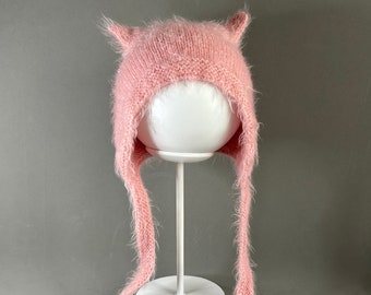 Cat ear beanie. personalized knitted winter hat. Mohair pink kids hat. Women fluffy barret. Woman hat.