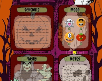 Puede incluir: Una página de planificador diario con temática de Halloween que presenta un fondo naranja con una casa embrujada, telarañas y un fantasma. Incluye cuatro secciones etiquetadas como SCHEDULE, MOOD, TASKS y NOTES, decoradas con una calabaza, emojis, una parca y una calavera.
