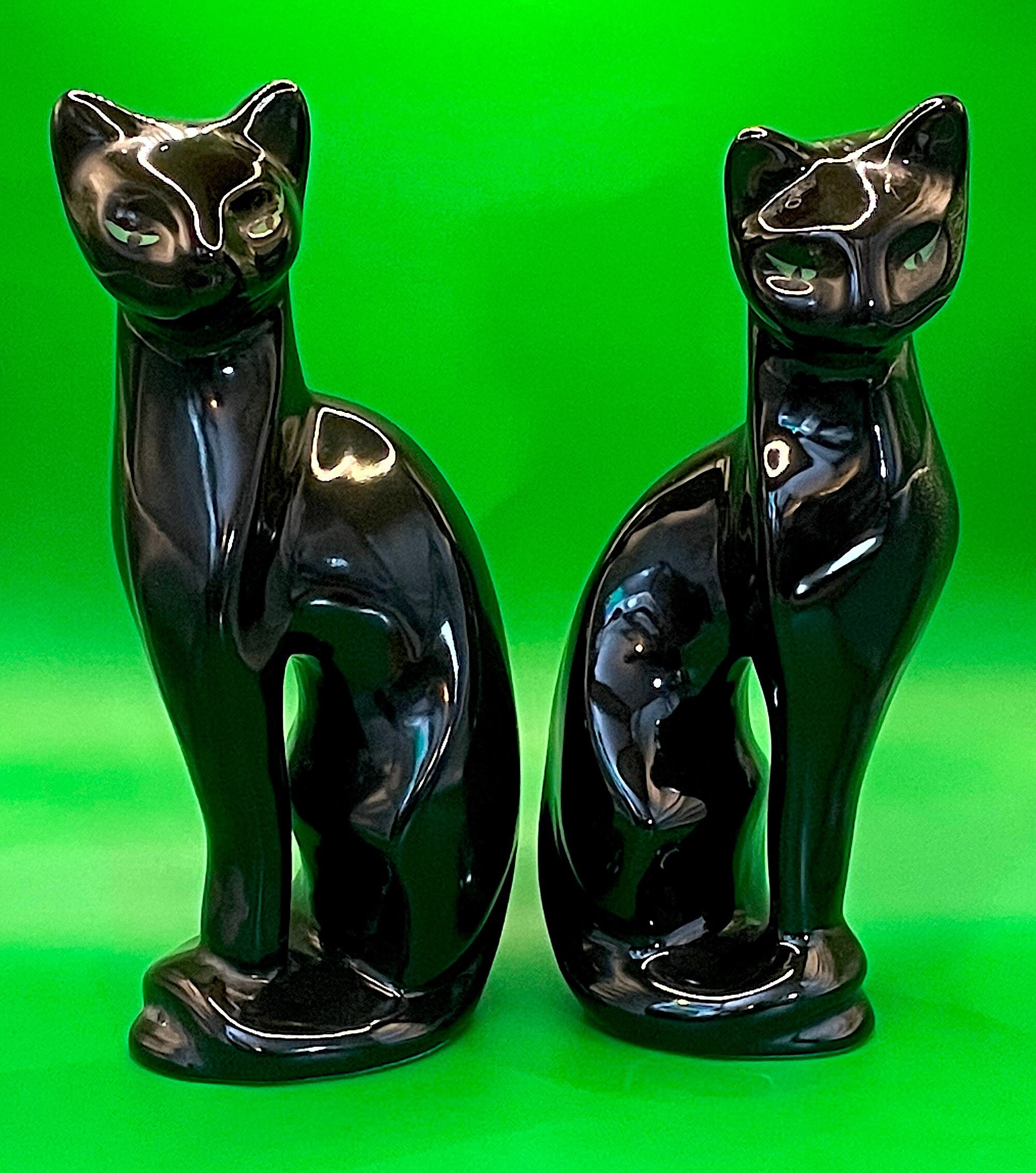 VINTAGE SET - Black Cat Green Eyes Statues - MCM Ceramics - Etsy