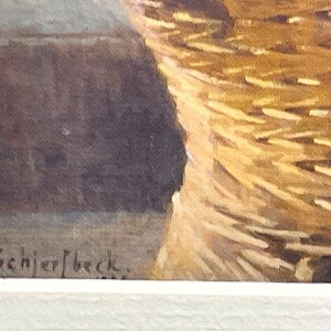 以下が含まれることがあります： 左下隅に「H.S. Niemeyer Beck.」という署名が入った、金色がかった茶色の干し草の山を描いた水彩画です。