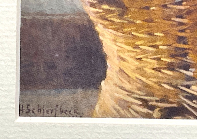 以下が含まれることがあります： 左下隅に「H.S. Niemeyer Beck.」という署名が入った、金色がかった茶色の干し草の山を描いた水彩画です。