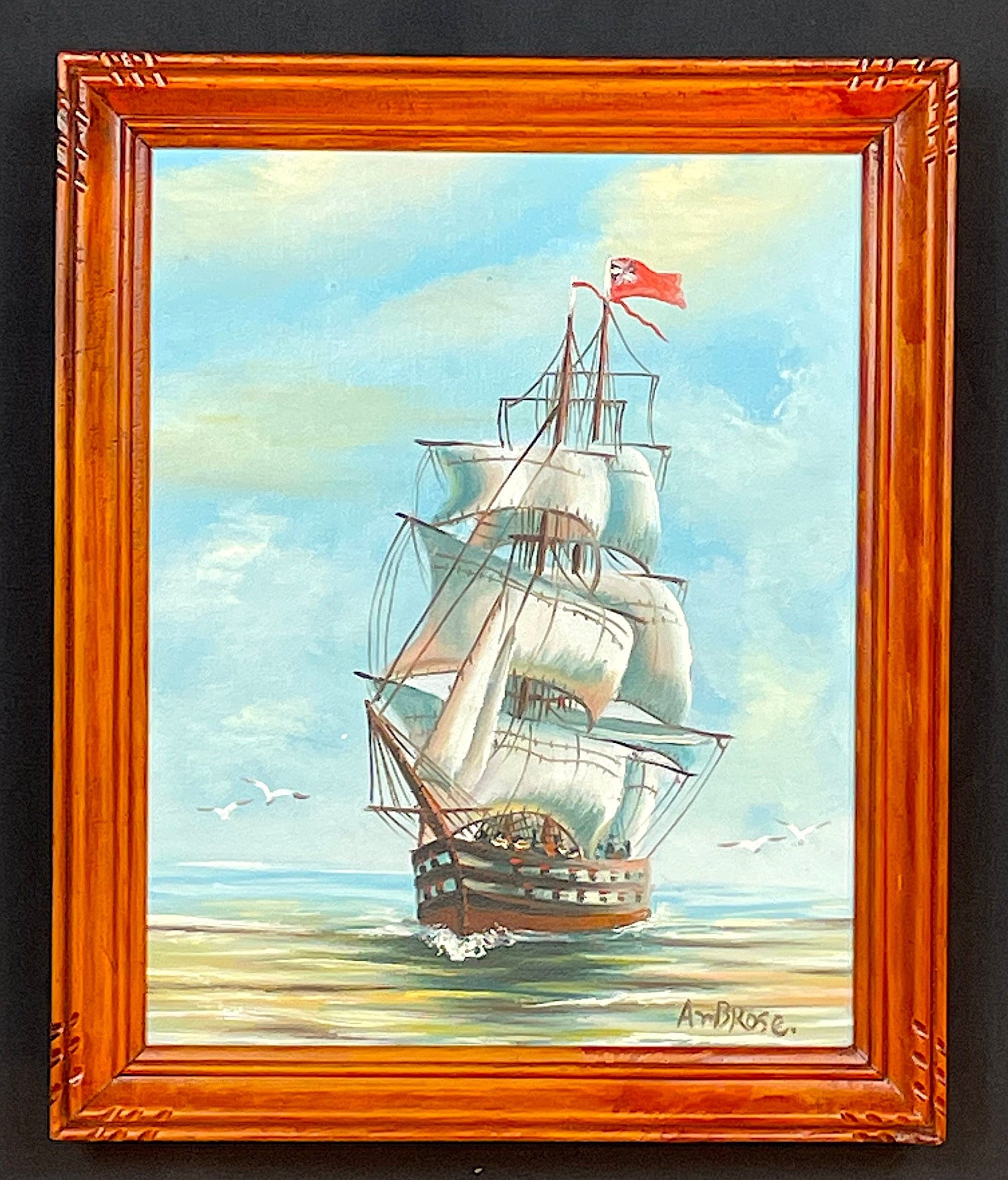 油彩画 帆船 海景画 AMBROSEサイン入り 額装　模写 油彩画 帆船 海景画 AMBROSEサイン入り 額装 模写 AMBROSE OIL ON