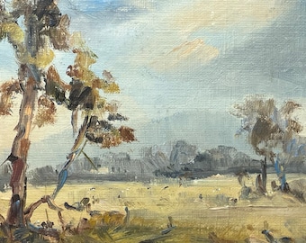 Oryginalny obraz olejny na desce - 49 cm x 44 cm - Scena wiejska - Oprawiony - Gotowy do powieszenia