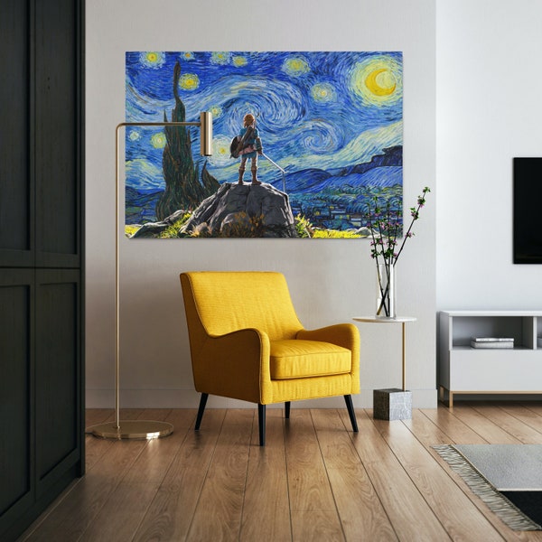 The Legend of Zelda With The Starry Night, Breath of the Wild Wall Art, Zelda Fan Art / Canvas and Poster High Quality Premium Print