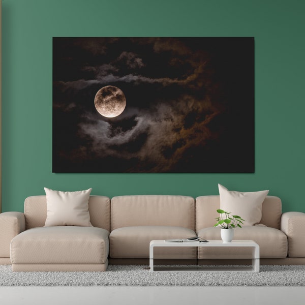 Vollmond Wandkunst, Vollmond Wanddekor, Vollmond Leinwand Gemälde, Mond Landschaft / Leinwand und Poster Hochwertiger Premium Druck