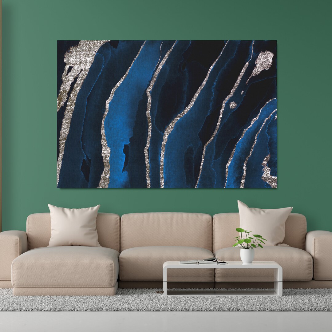 Navy Blue and Silver Wall Art Navy Blue Wall Art Navy Marble Etsy
