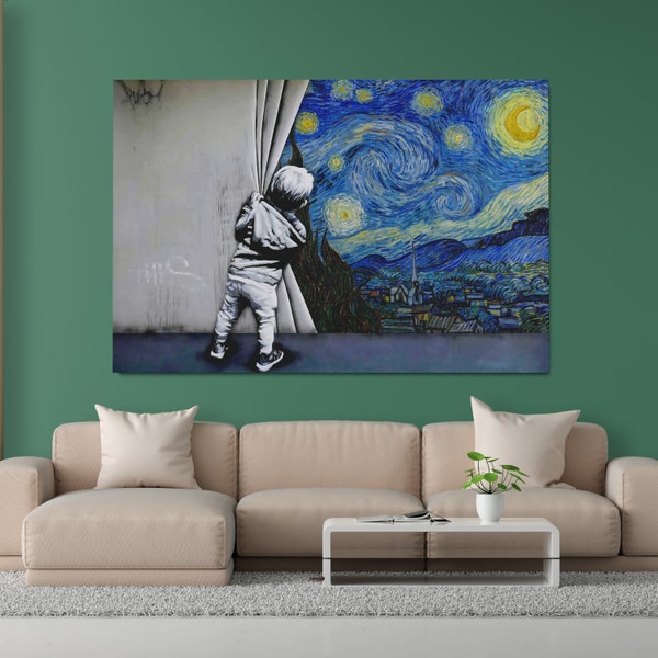 Banksy And Van Gogh - The Starry Night and Behind The Curtain, BANKSY Style Art, Hope Canvas / Canvas and Poster High Quality Premium Print