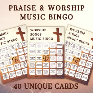Christelijke muziekbingo | Bingo met liedjes voor lofprijs en aanbidding | Muziekbingo voor Pasen | 40 bingokaarten | Afdrukbare paasspellen | Digitale download
