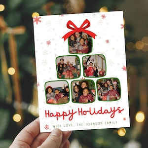 Weihnachtskarte in Tannenbaum Form mit 6 Foto Slots | Foto-Collage-Weihnachtskarte | Bearbeitbare, druckbare Weihnachtskarte