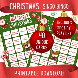 Christmas Singo Bingo | Bingo z muzyką świąteczną | 50 piosenek świątecznych, 40 kart | Gra na imprezę świąteczną | Gry do druku | PDF do natychmiastowego pobrania