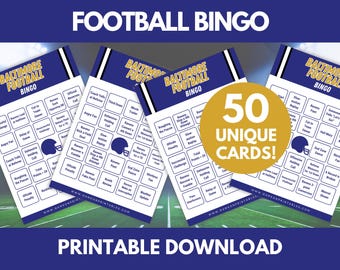 Bingo de fútbol de Baltimore: Fiesta del día del partido, 50 tarjetas imprimibles (descarga digital)
