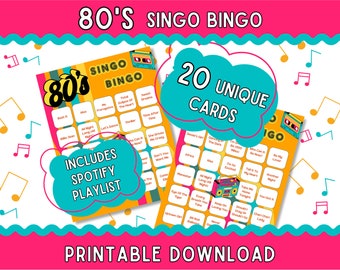 80s Music Bingo With Playlist, 20 Bingo Cards, Singo, 80s Bingo, 1980s Bingo, 80s Party, Party Games, Printable Games